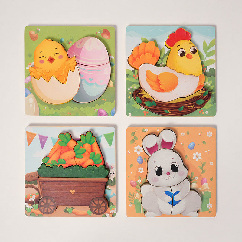 Wooden Puzzle Set, 4 Easter-Themed 3D Puzzles for Toddlers
