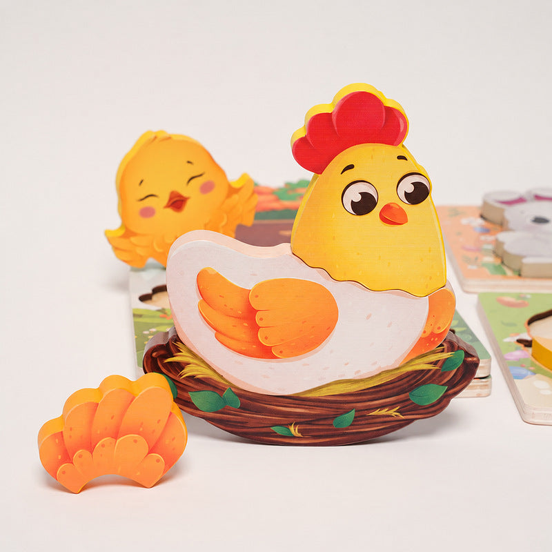 Wooden Puzzle Set, 4 Easter-Themed 3D Puzzles for Toddlers