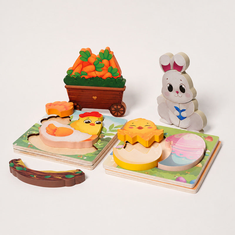 Wooden Puzzle Set, 4 Easter-Themed 3D Puzzles for Toddlers