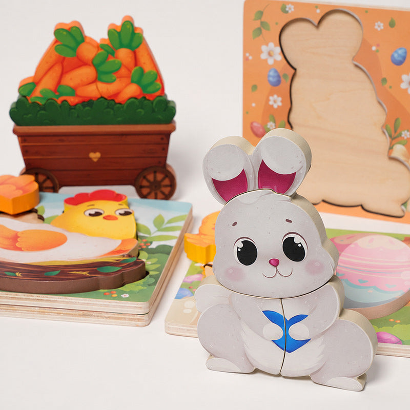 Wooden Puzzle Set, 4 Easter-Themed 3D Puzzles for Toddlers