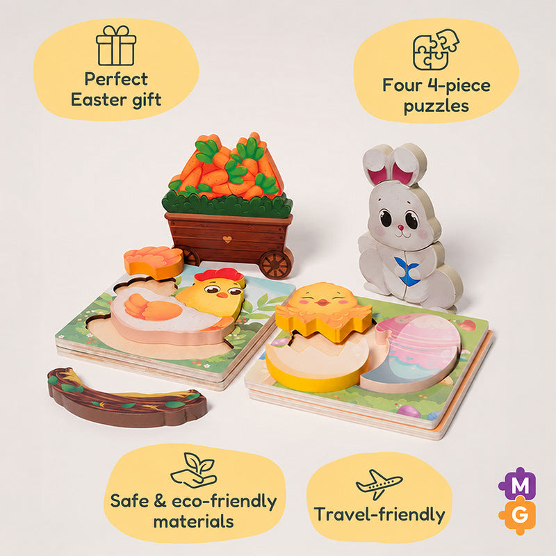 Wooden Puzzle Set, 4 Easter-Themed 3D Puzzles for Toddlers