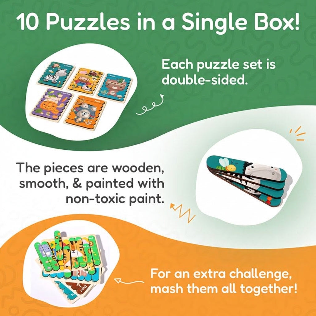 Wooden Puzzles Toddlers, Double-Sided 5-Pack Set