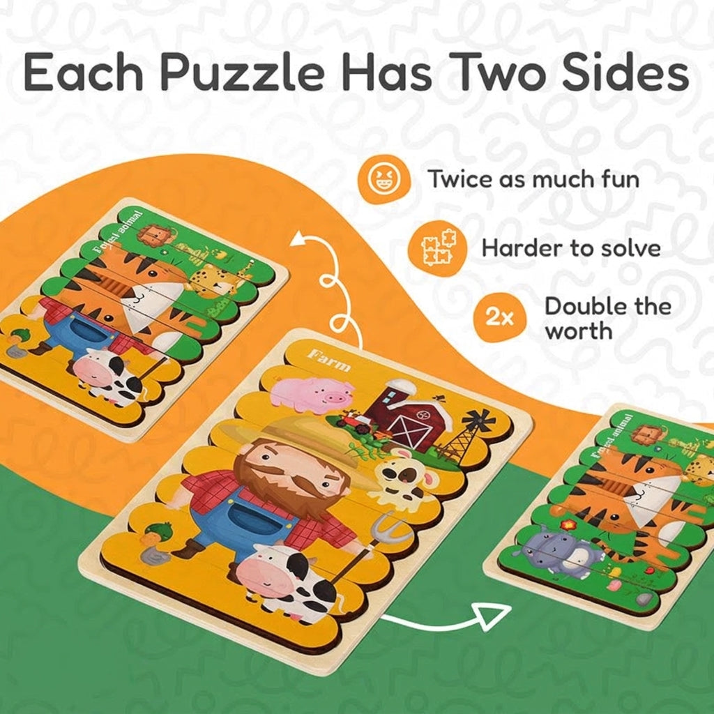 Wooden Puzzles Toddlers, Double-Sided 5-Pack Set