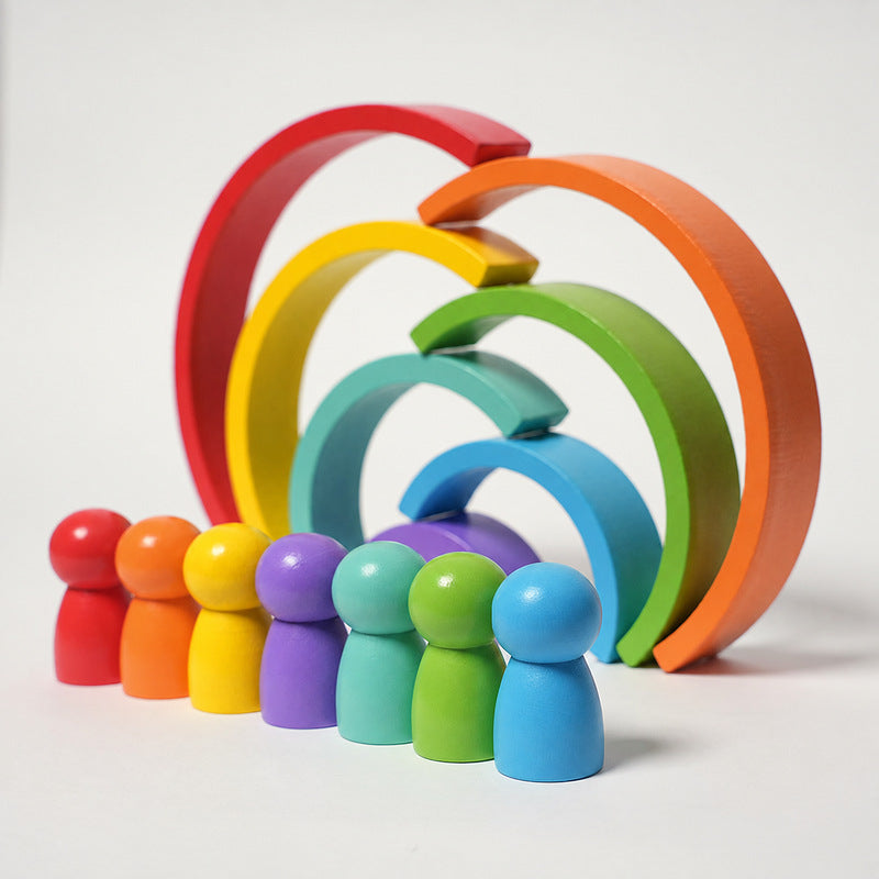 Wooden Rainbow Stacker, 7 Arches and 7 Figurines Set