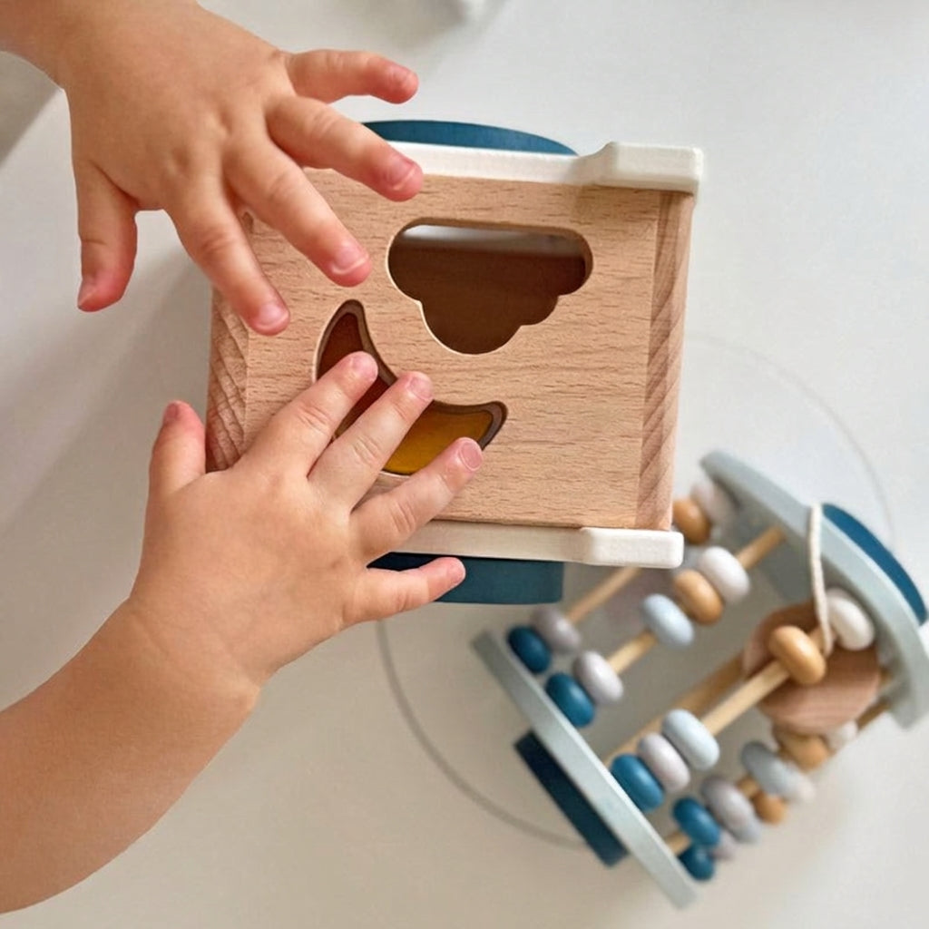 Wooden Rocket Toy with Shape Sorter and Counting Beads