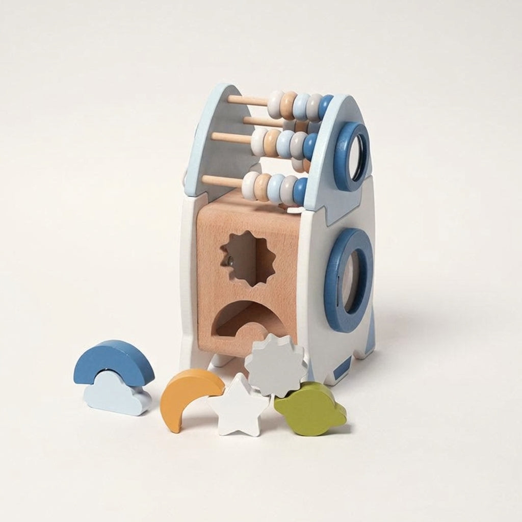 Wooden Rocket Toy with Shape Sorter and Counting Beads