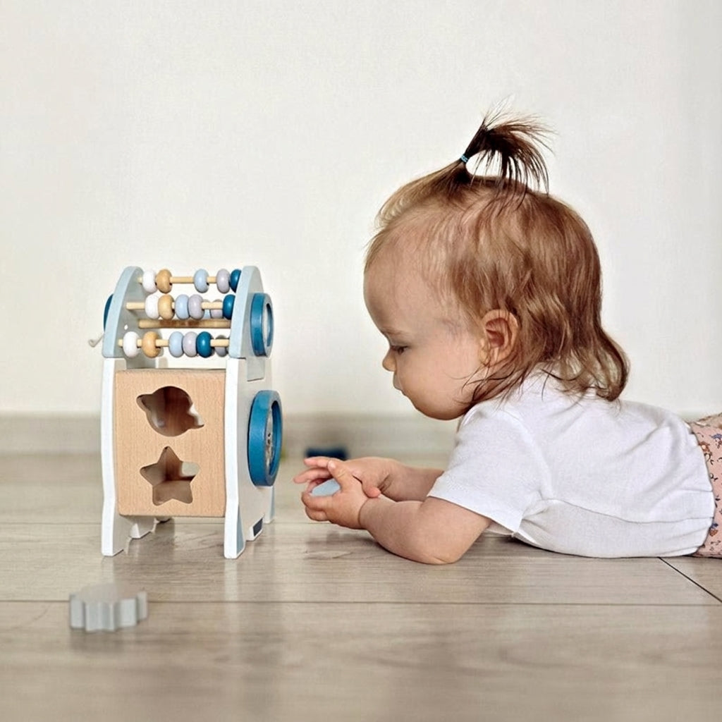 Wooden Rocket Toy with Shape Sorter and Counting Beads