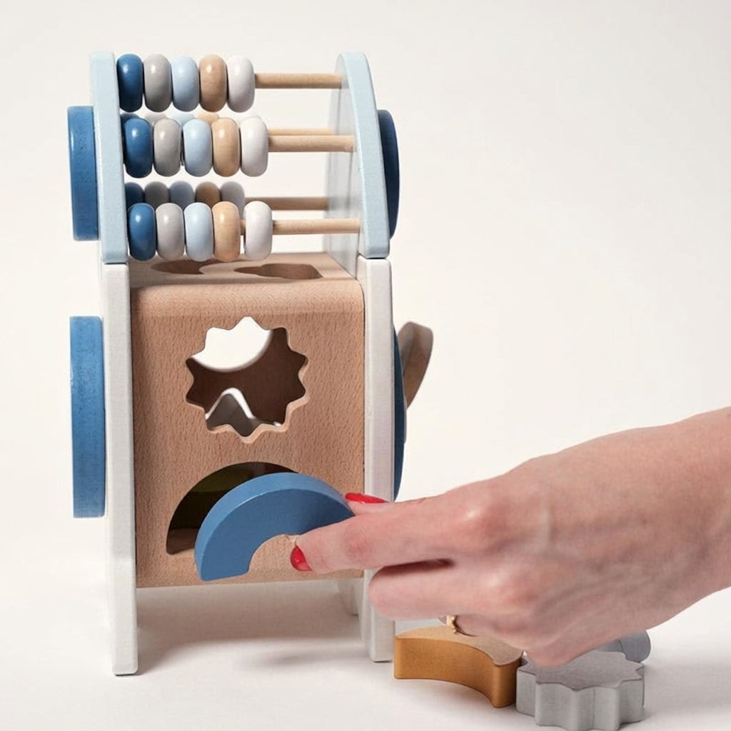 Wooden Rocket Toy with Shape Sorter and Counting Beads