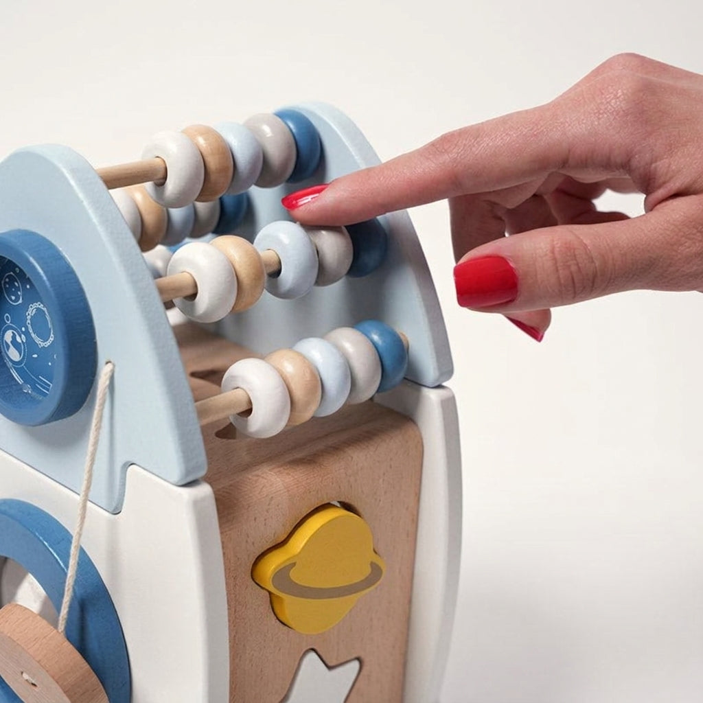 Wooden Rocket Toy with Shape Sorter and Counting Beads