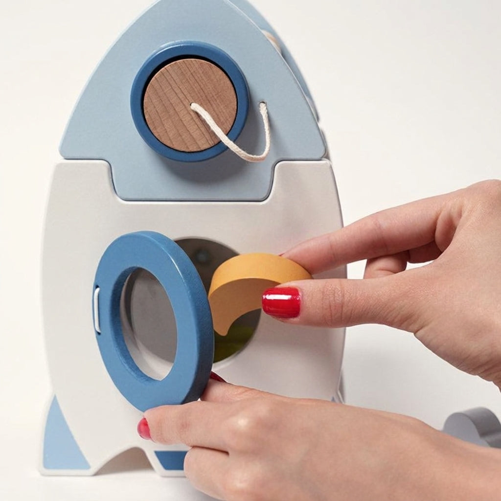 Wooden Rocket Toy with Shape Sorter and Counting Beads