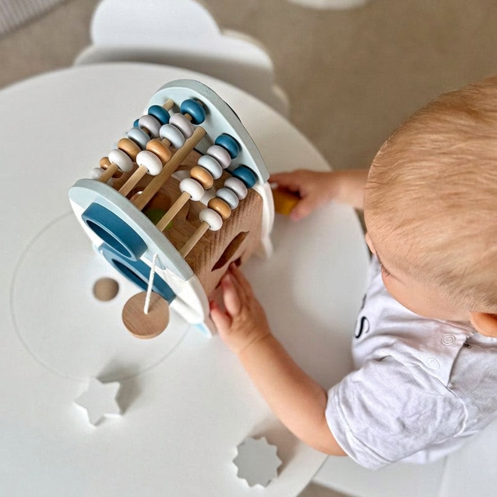 Wooden Rocket Toy with Shape Sorter and Counting Beads