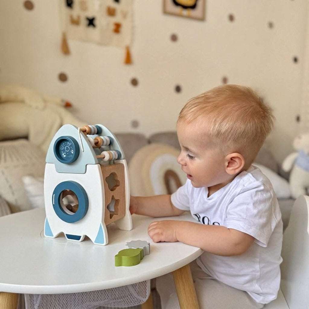 Wooden Rocket Toy with Shape Sorter and Counting Beads