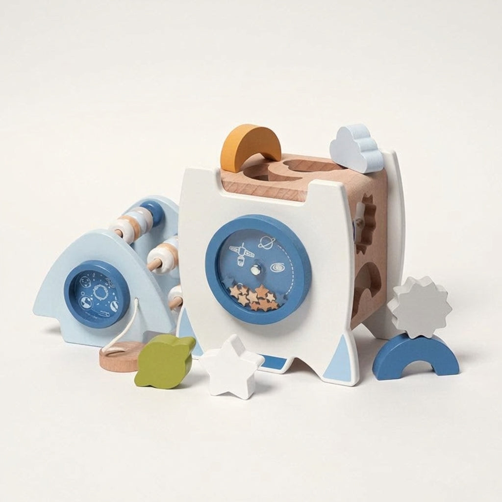 Wooden Rocket Toy with Shape Sorter and Counting Beads