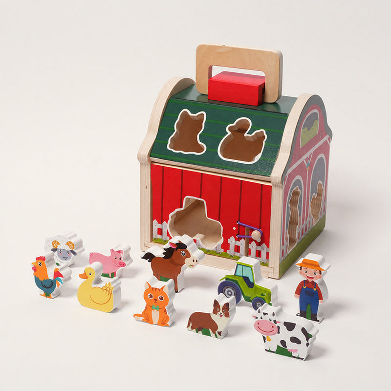 Wooden Shape Sorter Barn with 10 Farm Figurines