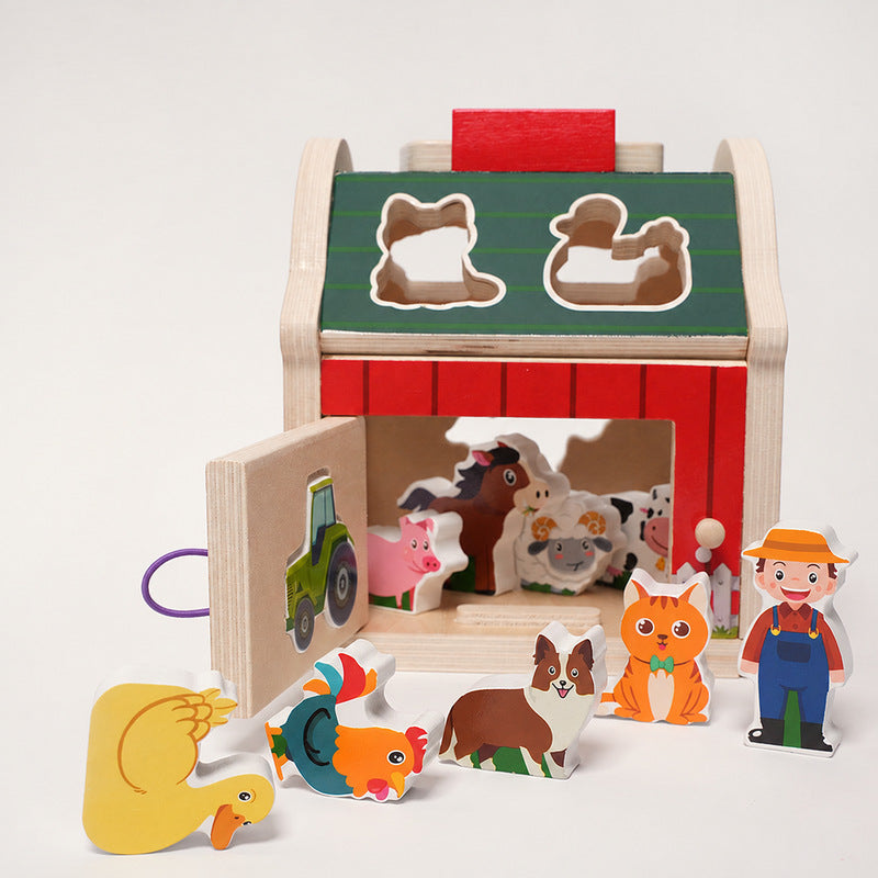 Wooden Shape Sorter Barn with 10 Farm Figurines