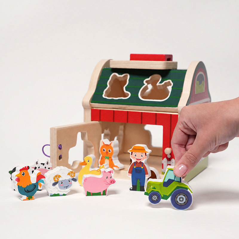 Wooden Shape Sorter Barn with 10 Farm Figurines