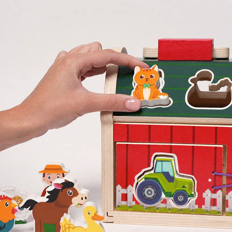 Wooden Shape Sorter Barn with 10 Farm Figurines