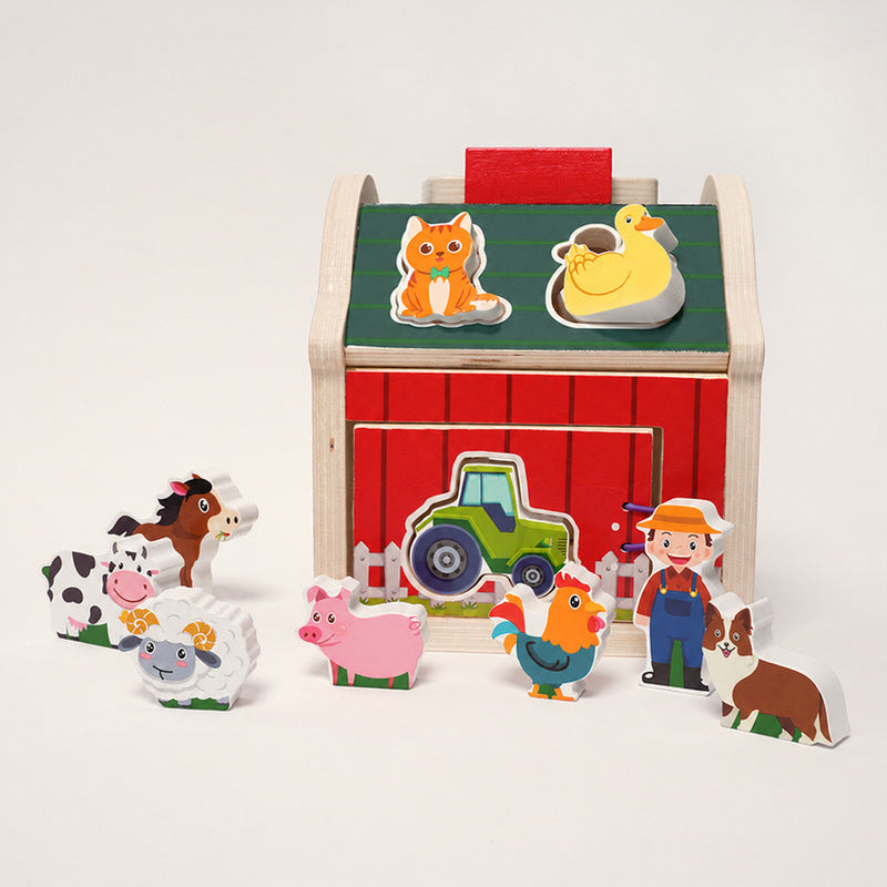 Wooden Shape Sorter Barn with 10 Farm Figurines
