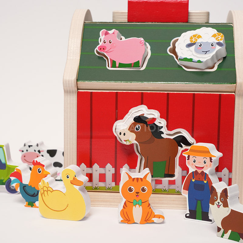 Wooden Shape Sorter Barn with 10 Farm Figurines