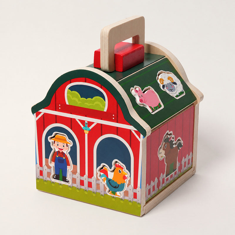 Wooden Shape Sorter Barn with 10 Farm Figurines