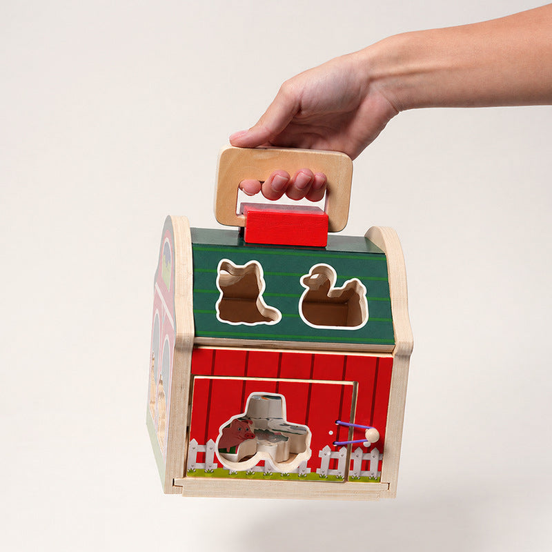 Wooden Shape Sorter Barn with 10 Farm Figurines