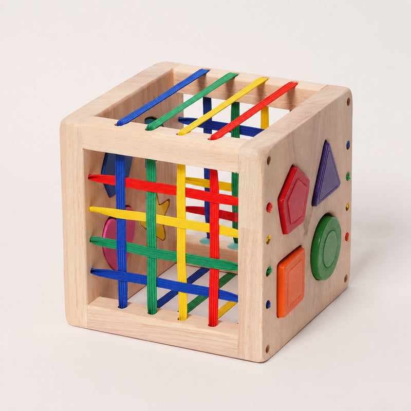 Wooden Shape Sorter Cube with Elastic Bands and 8 Pieces