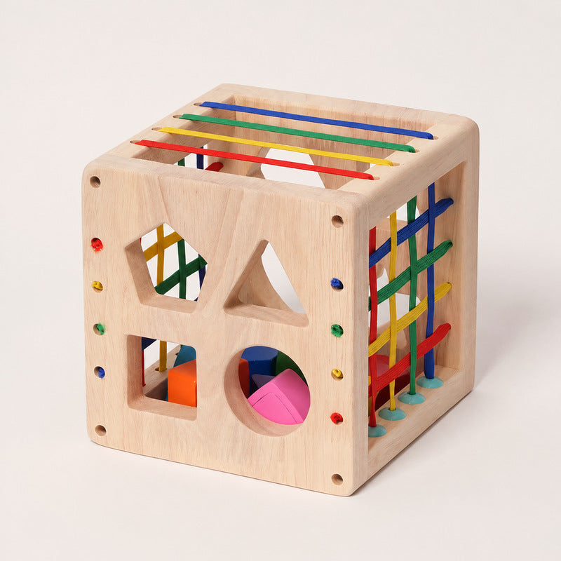 Wooden Shape Sorter Cube with Elastic Bands and 8 Pieces