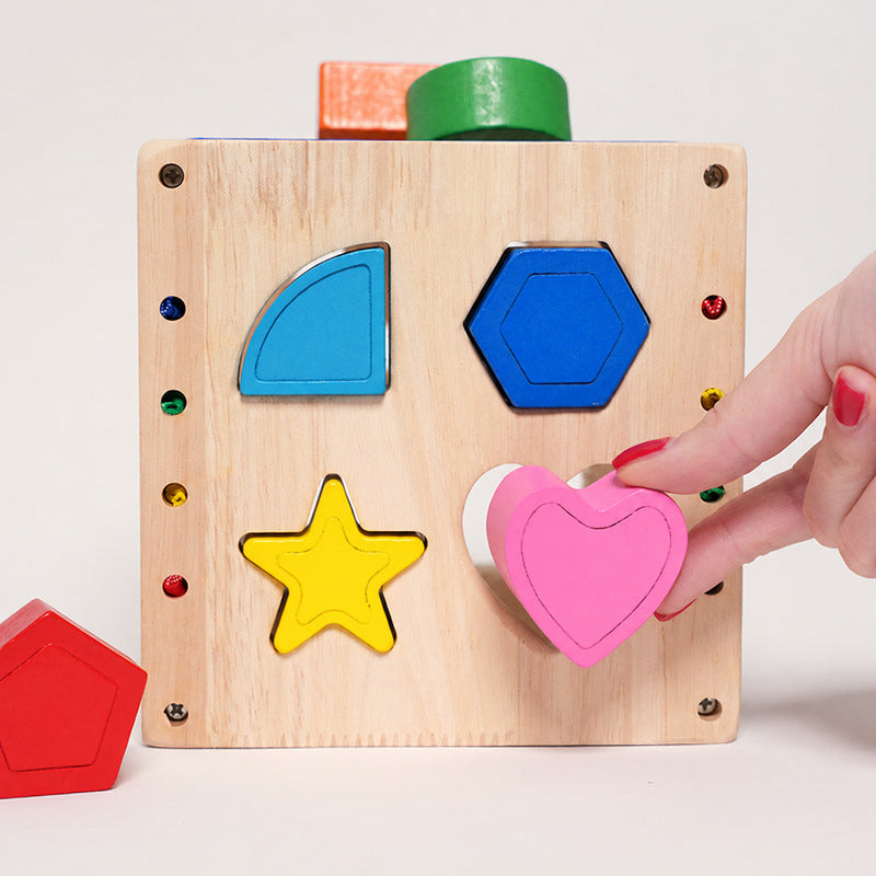 Wooden Shape Sorter Cube with Elastic Bands and 8 Pieces