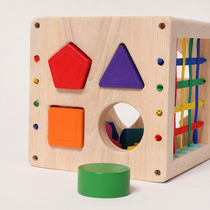 Wooden Shape Sorter Cube with Elastic Bands and 8 Pieces