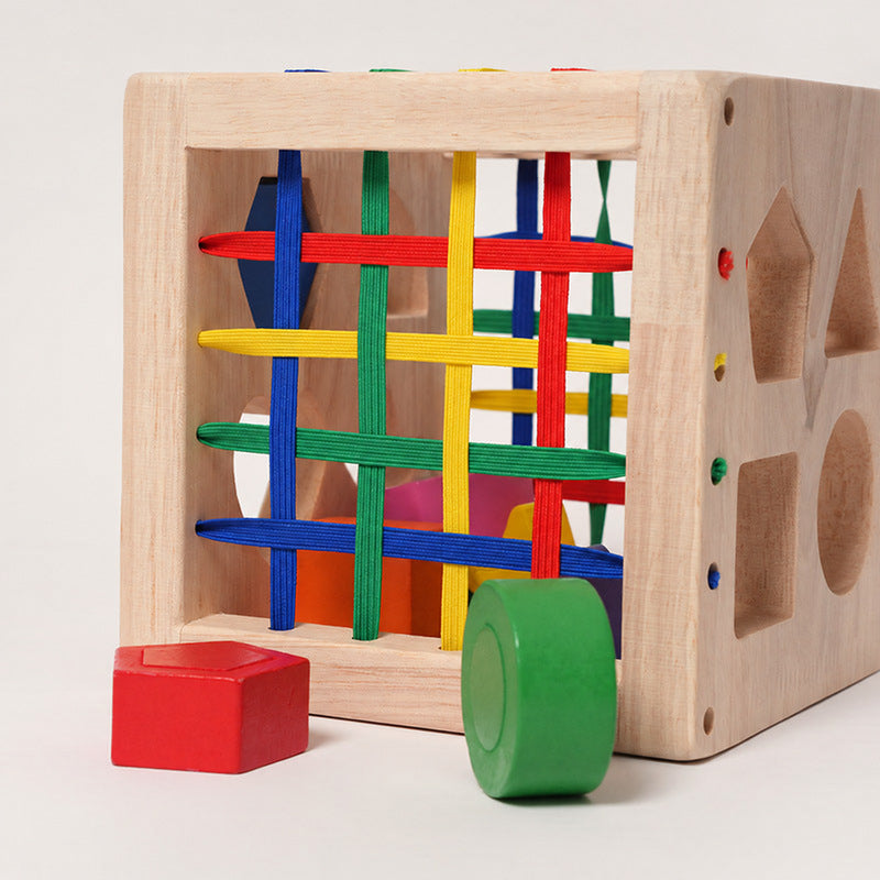 Wooden Shape Sorter Cube with Elastic Bands and 8 Pieces