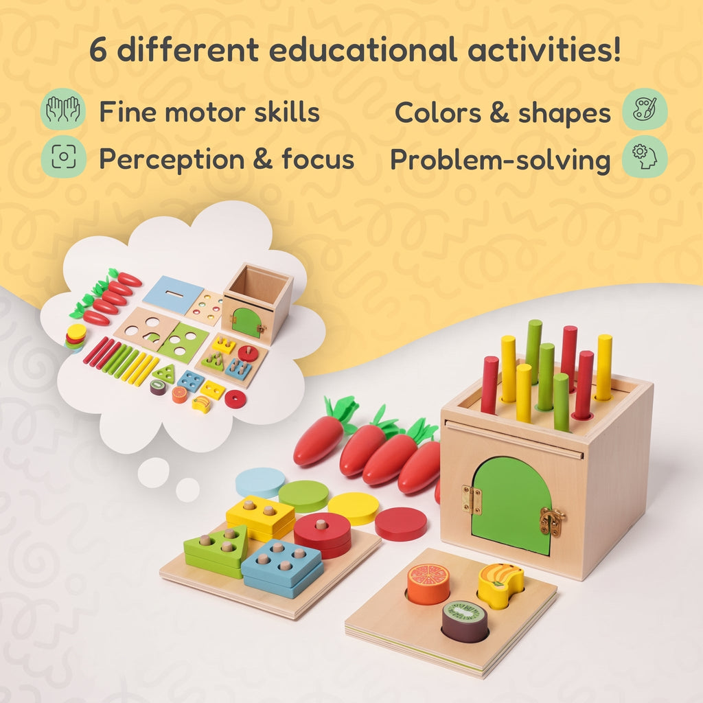 Wooden Sorting Toy, 6-in-1 Activity Box with Shapes