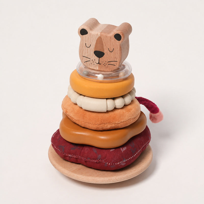Wooden Stacking Toy with Lion, Multi-Texture Rings