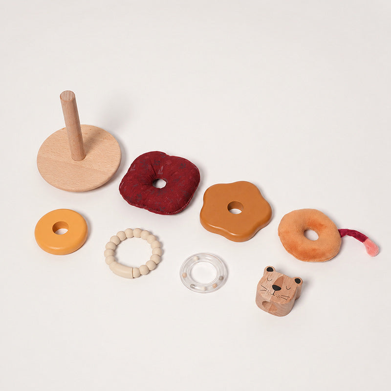 Wooden Stacking Toy with Lion, Multi-Texture Rings