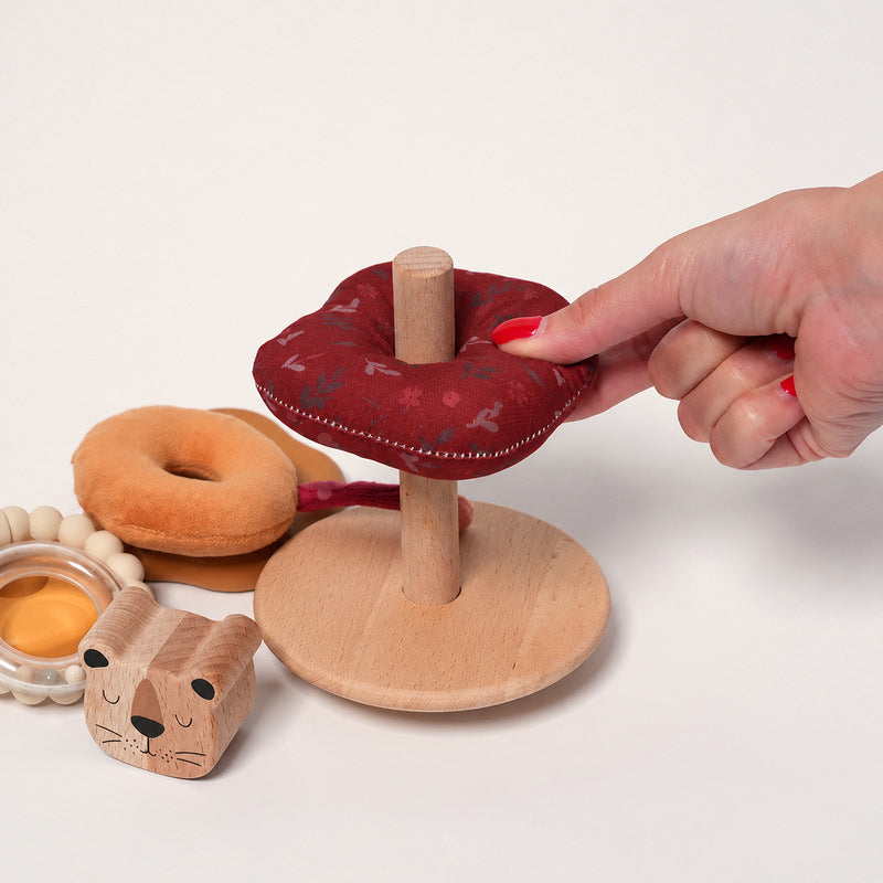 Wooden Stacking Toy with Lion, Multi-Texture Rings