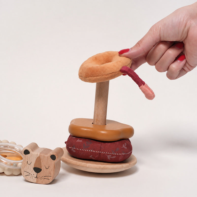 Wooden Stacking Toy with Lion, Multi-Texture Rings