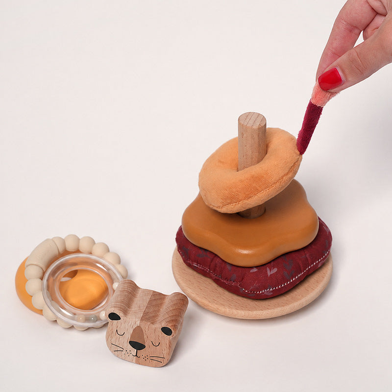 Wooden Stacking Toy with Lion, Multi-Texture Rings