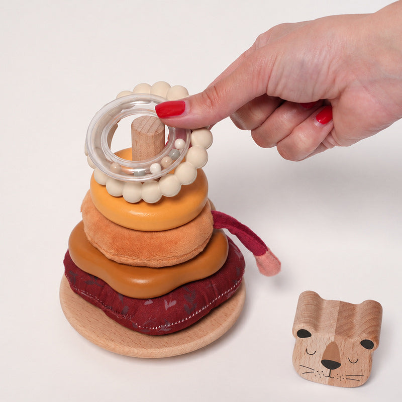 Wooden Stacking Toy with Lion, Multi-Texture Rings