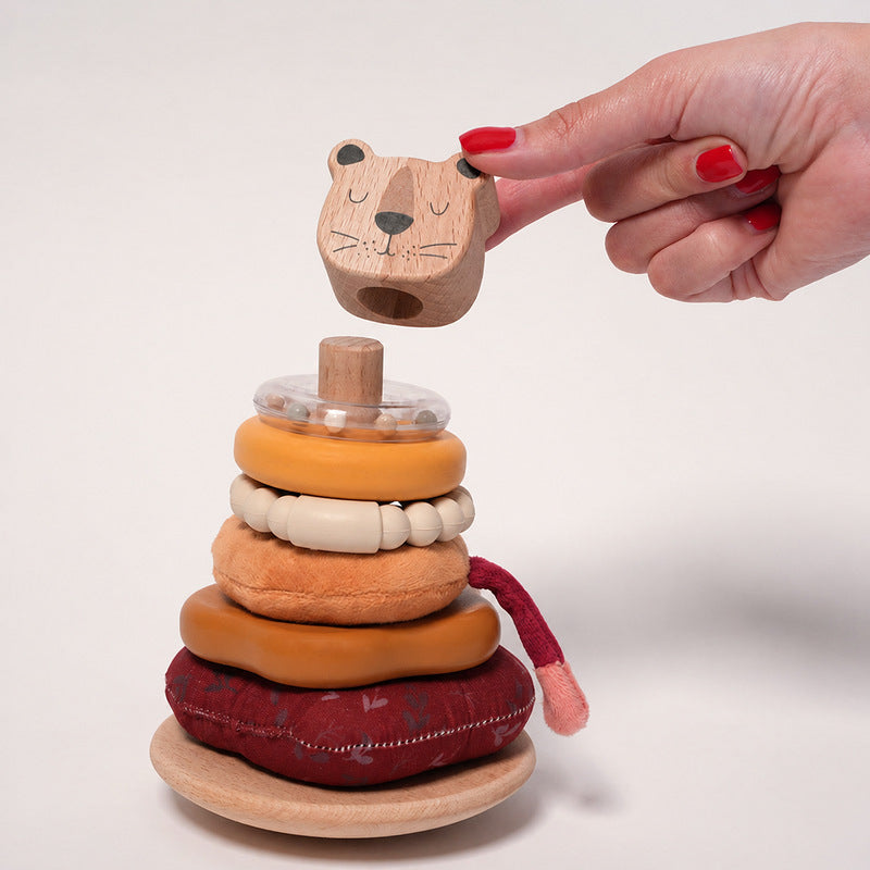 Wooden Stacking Toy with Lion, Multi-Texture Rings