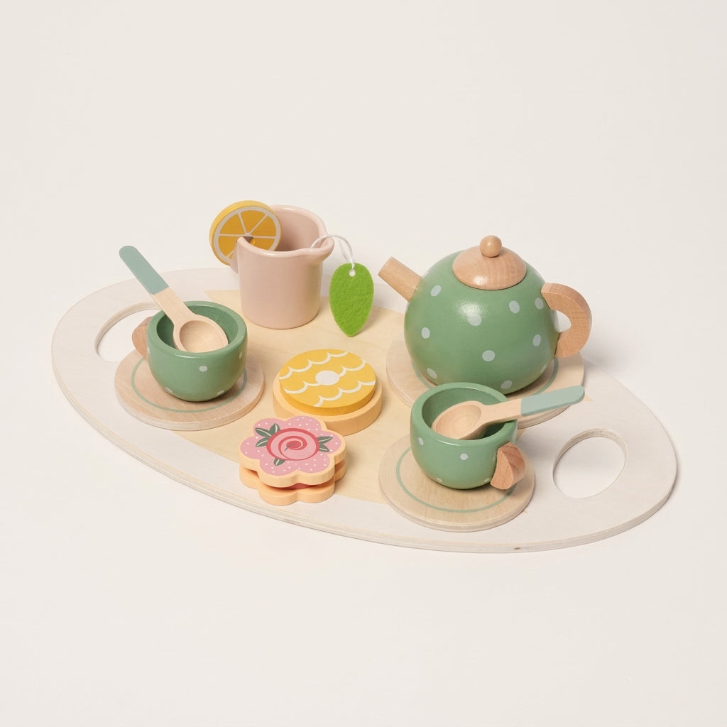 Wooden Tea Set with Tray and 14 Pretend Play Pieces