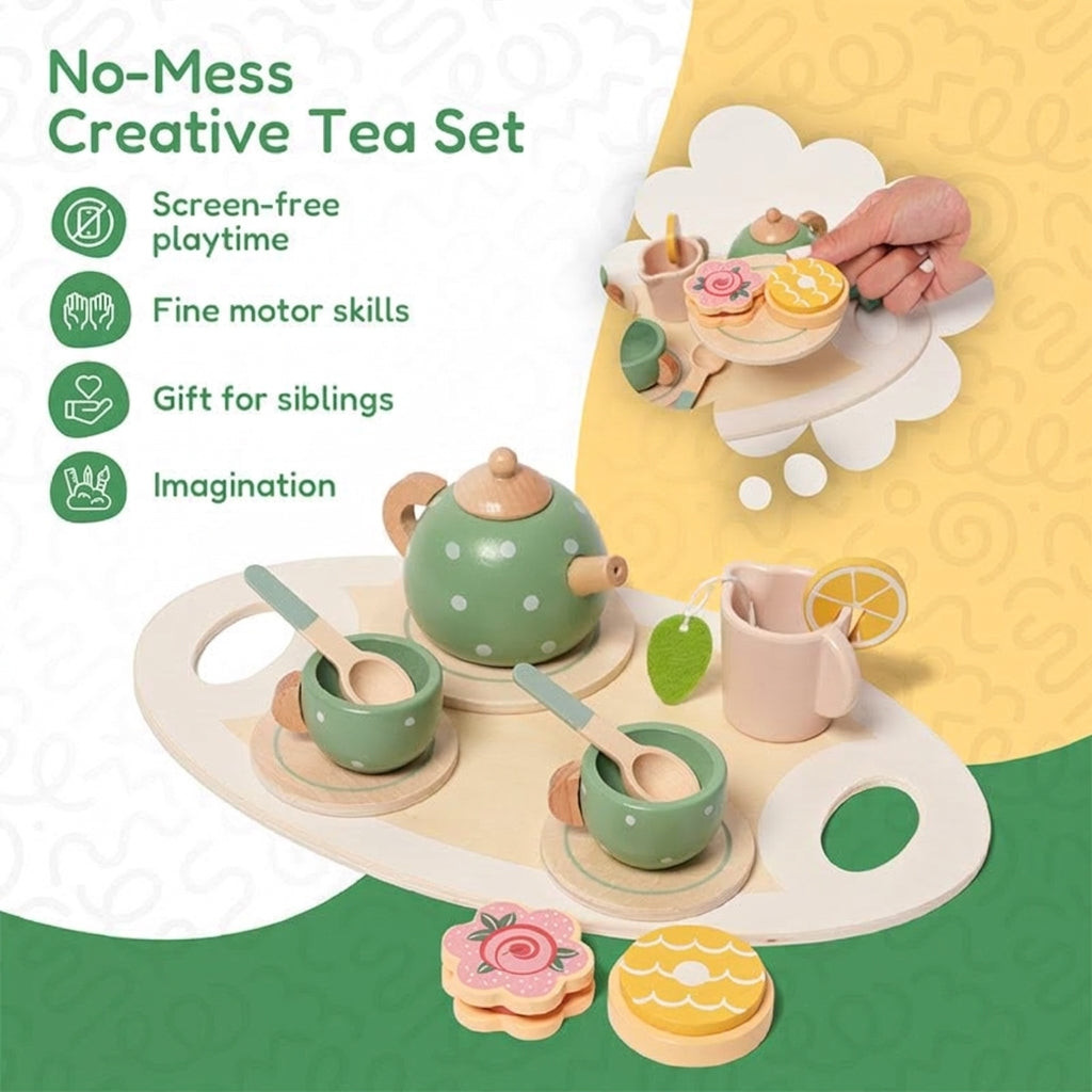 Wooden Tea Set with Tray and 14 Pretend Play Pieces