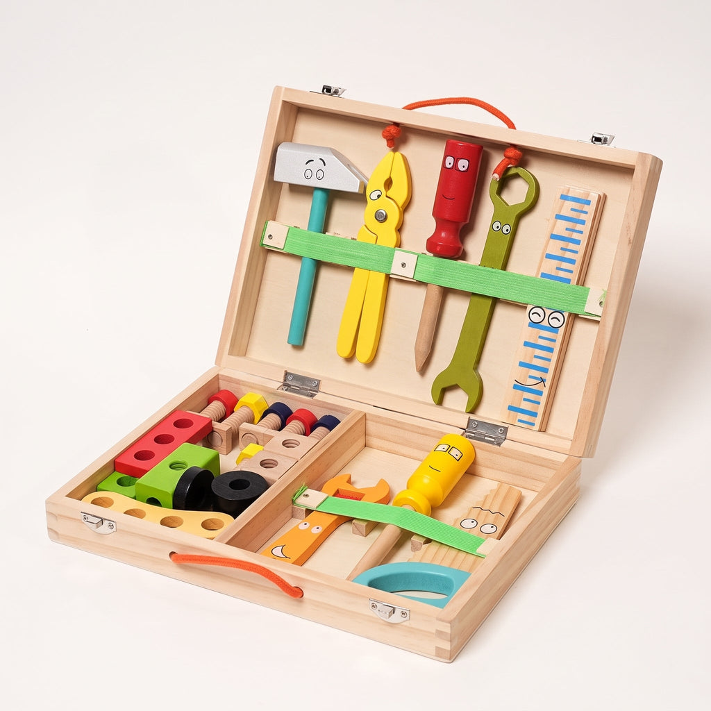 Wooden Toolbox Toy with 35 Colorful Tool and Building Pieces