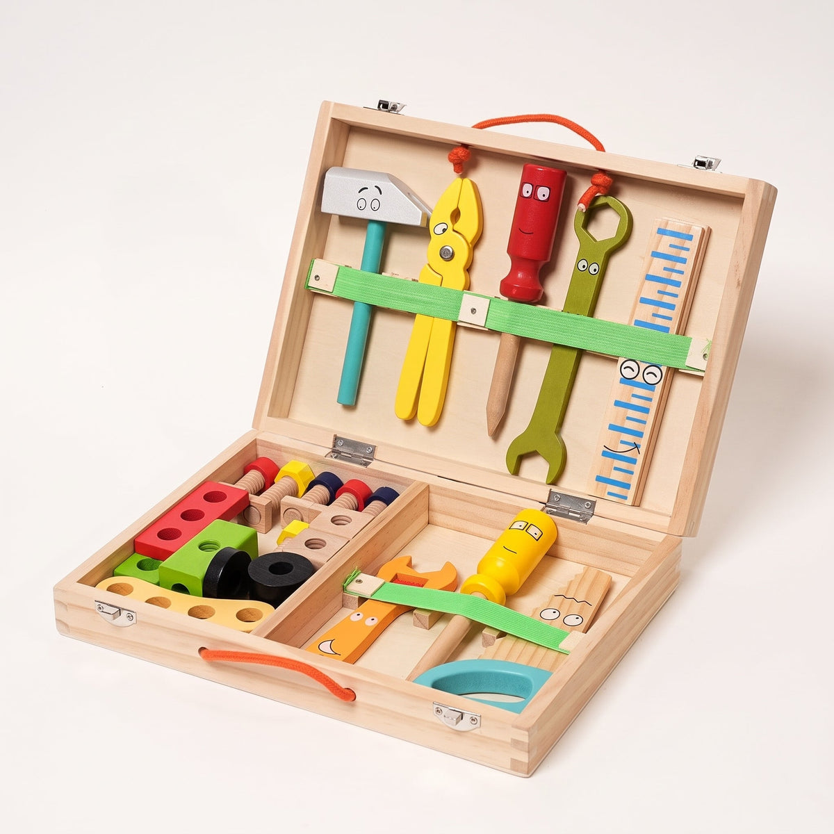 Wooden Toolbox Toy with 35 Colorful Tool and Building Pieces