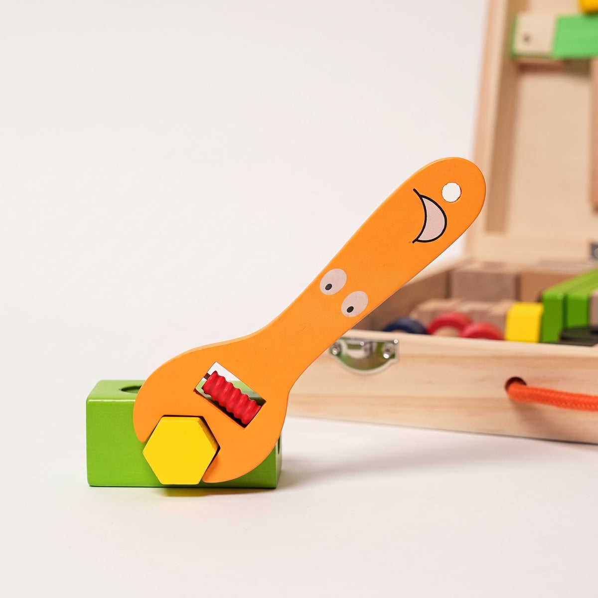 Wooden Toolbox Toy with 35 Colorful Tool and Building Pieces