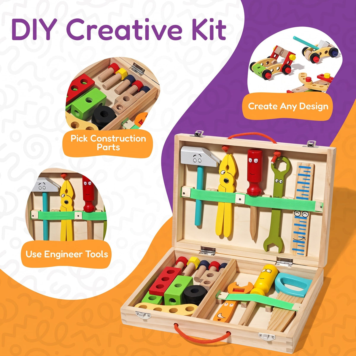 Wooden Toolbox Toy with 35 Colorful Tool and Building Pieces