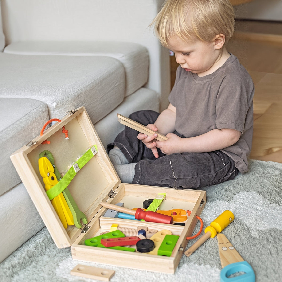 Wooden Toolbox Toy with 35 Colorful Tool and Building Pieces