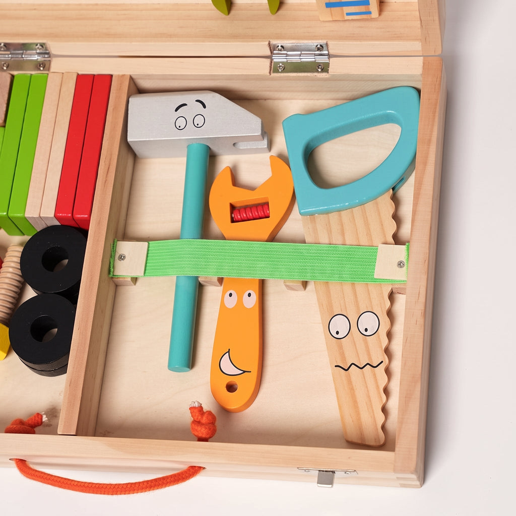 Wooden Toolbox Toy with 35 Colorful Tool and Building Pieces