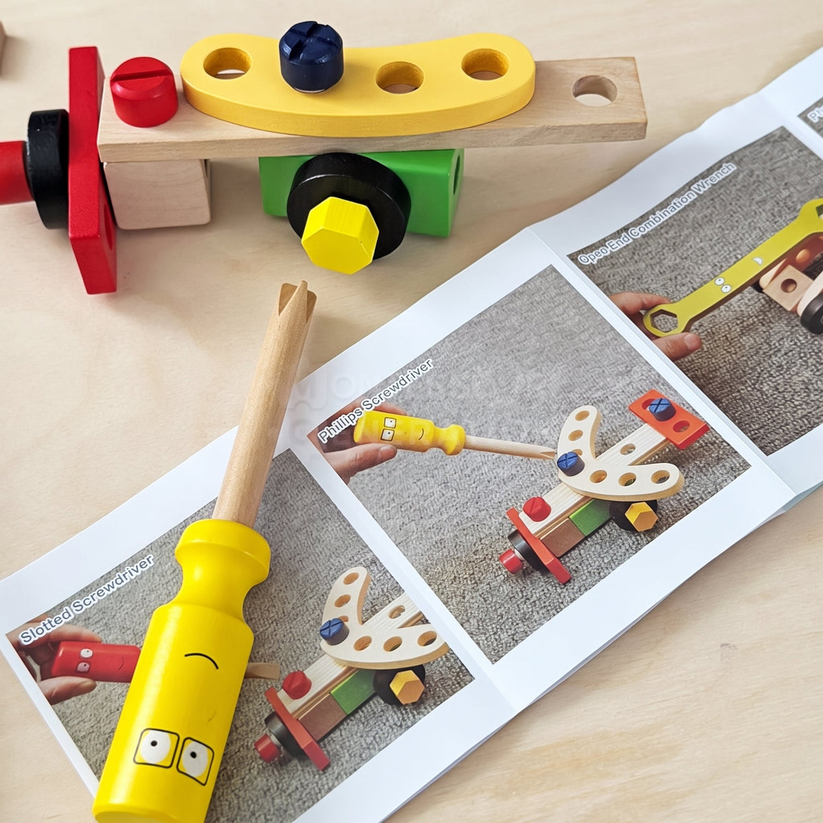 Wooden Toolbox Toy with 35 Colorful Tool and Building Pieces