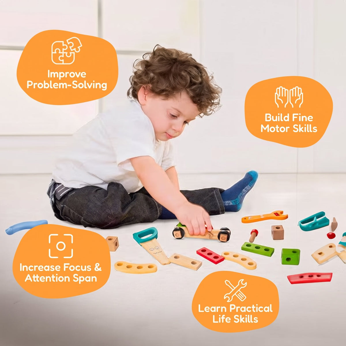 Wooden Toolbox Toy with 35 Colorful Tool and Building Pieces