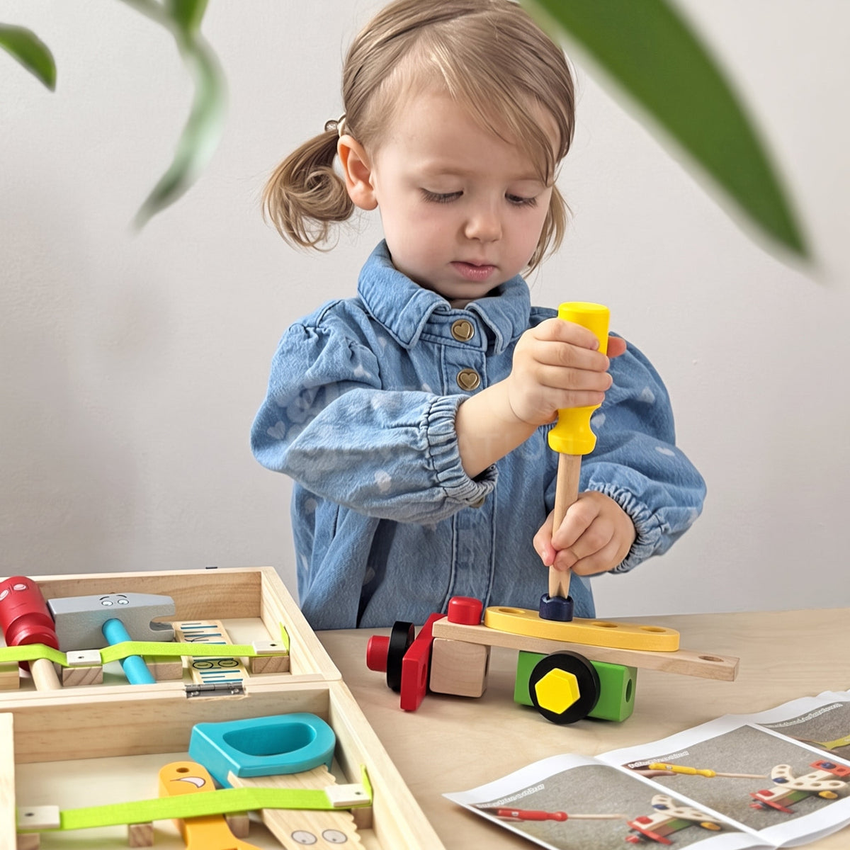 Wooden Toolbox Toy with 35 Colorful Tool and Building Pieces