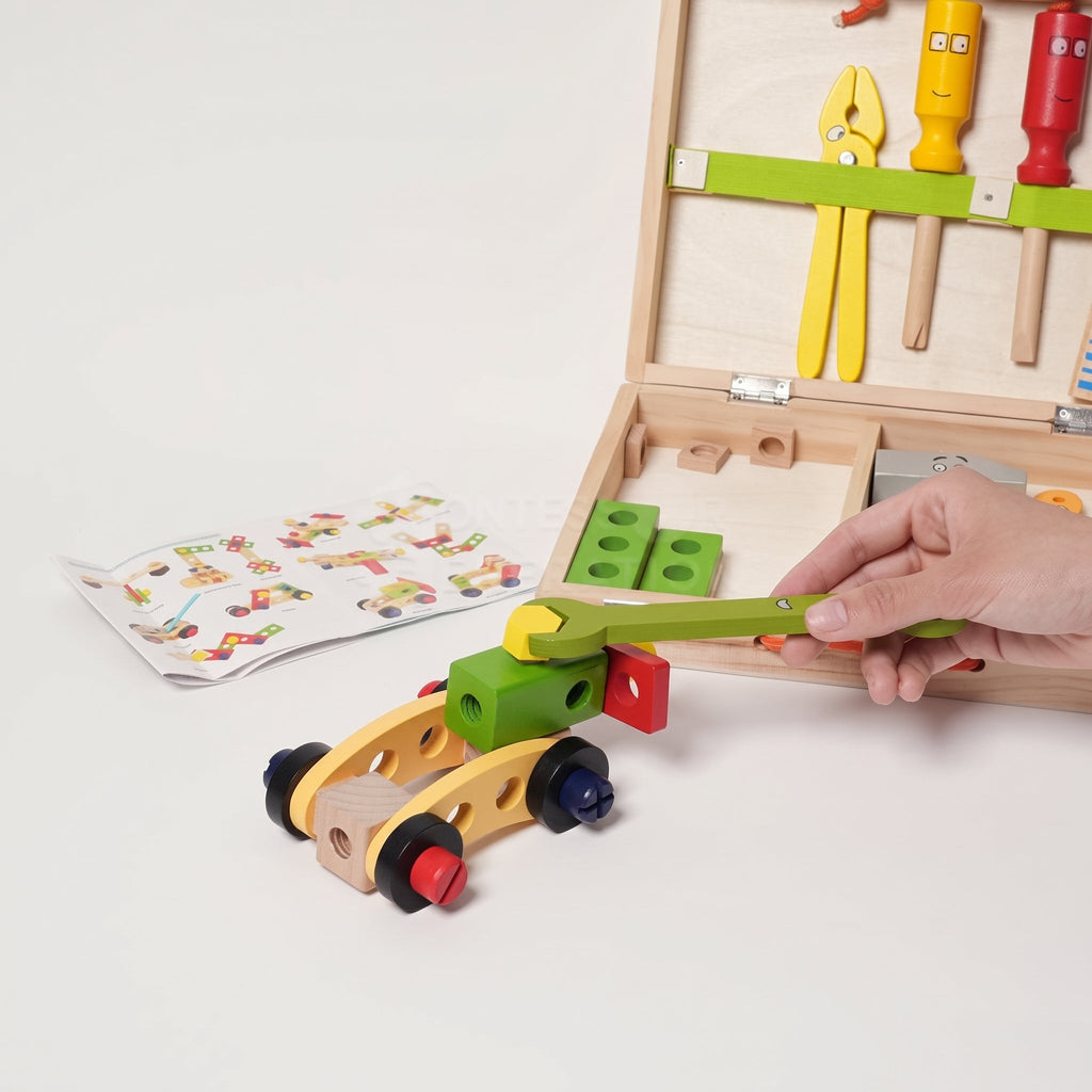 Wooden Toolbox Toy with 35 Colorful Tool and Building Pieces